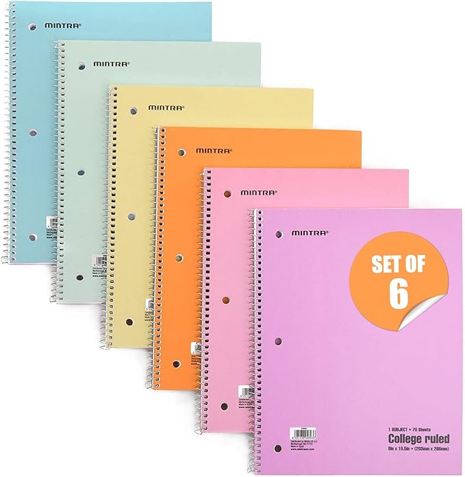 Mintra Office Spiral Notebooks - 1 Subject, 70 Sheets, College Ruled, 8in x 10in, Bulk Pack, Pastel Covers, Set of 6 - for School, Office, Business, Professional (04693)