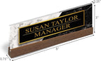 Artblox Personalized Office Desk Name Plate and Business Card Holder | Clear Acrylic Glass with Teak Wood Stand | Black White Marble Design Customized with Your Name and Credentials Office Desk Decor