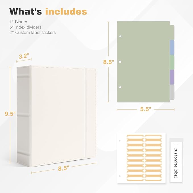 Ospelelf Leather Mini Binder Vintage Hardcover 2 Inch Rings, Professional Small 3 Ring Binders Organizer Suitable for 5.5" x 8.5" Documents, Binder Dividers with Tabs, Beige