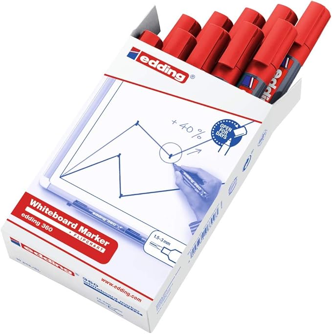 edding 360 whiteboardmarker - rood - 10 whiteboardstiften - ronde punt 1,5 - 3 mm - boardmarker uitwisbaar - voor whiteboard, flipchart, magneetbord, prikbord, memobord - sketchnotes - navulbaar