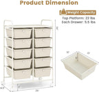 HAPPYGRILL 10-Drawer Rolling Storage Cart, Storage Organizer Cart with Lockable Wheels, Beauty Salon Movable Utility Cart for School, Office, Home, (Ivory)