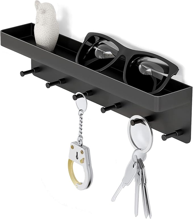 MKO Key Holder Wall Mount, Key Holder Wall Mount Adhesive with Mail Organizer Tray with 6 Key Hooks for Wall, Black