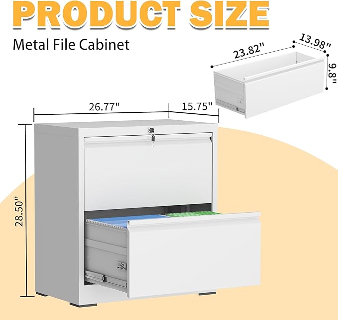 mysteeldepot 2 Drawer Lateral File Cabinet with Lock, Metal Lateral Filing Cabinets for Home Office, File Cabinet, File Storage Cabinet for Legal/Letter/A4 Documents, Assembly Required, White, 26'W