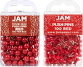 JAM PAPER Colorful Push Pins - Flat & Round Head Thumb Tack Combo Set - Red Pushpins - 200/Pack