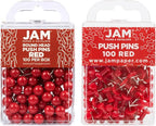 JAM PAPER Colorful Push Pins - Flat & Round Head Thumb Tack Combo Set - Red Pushpins - 200/Pack