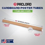 Paclord 2" x 36" Reinforced Kraft Paper Mailing Tube, Pack of 1 Tube with 2 Caps – Secure USPS Approved Poster Tube – Cardboard Tube for Shipping and Storing Posters, Prints, Artwork, or Documents