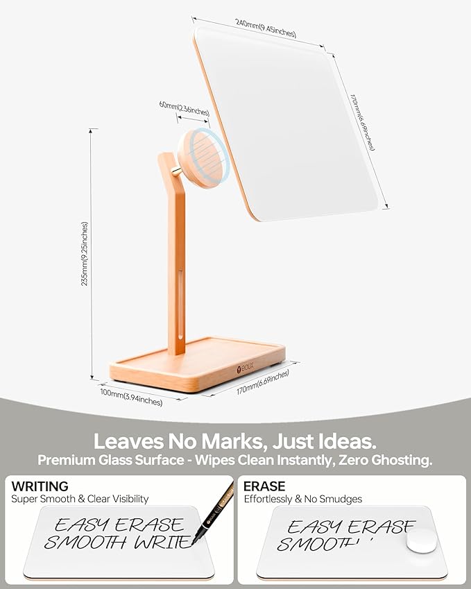 YEOUX Premium Desktop Glass Whiteboard & Magnetic Phone Stand 2-in-1 | 360° Adjustable | Solid Wood | Compatible with MagSafe, Small Dry Erase Board for Office Home Desk
