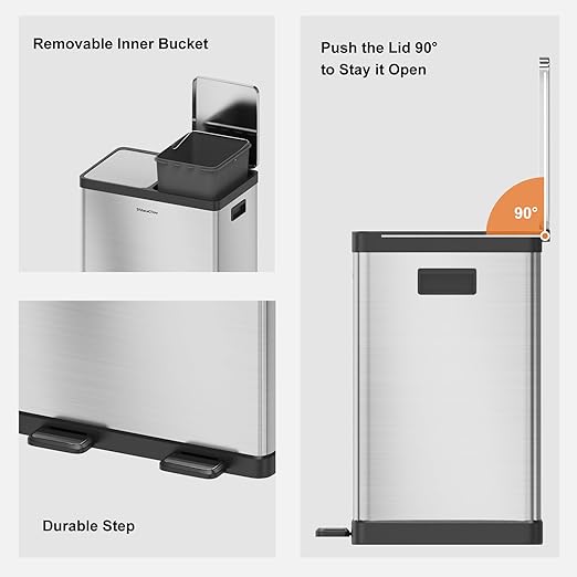 SolaceCove Kitchen Trash Can, 2 x 5.3 Gallon Garbage Can for Kitchen, Dual Compartment Recycling Trash Can, Trash and Recycle Bin Combo, Stainless Steel, Soft-Close Lid, Fingerprint Proof