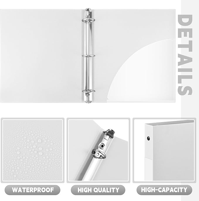 Henoyso 16 Pcs 3 Ring Binder 0.5 Inch Round Fits Letter Size 8.5'' x 11'' Paper Plastic Flexible Binder Bulk Holds 140 Sheets with 1 Pockets Versatile Organizer for Home Office School (White)