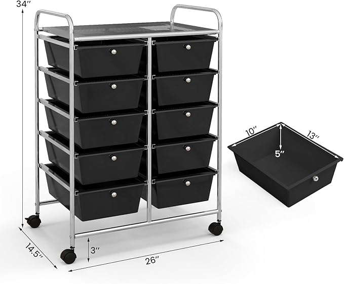 GLACER 10 Drawer Rolling Cart, Storage Cart with Lockable Whieels & Metal Frame, Trolley for Art Craft Oganizer, Mobile Utility Cart for Office, School, Classroom, Kitchen (Black)