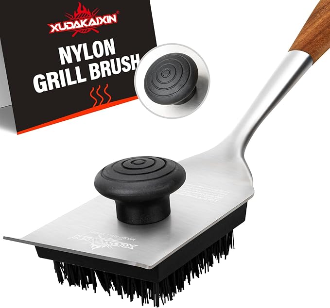 XUDAKAIXIN Grill Brush and Scraper, Dual Grip Design,Extra Strong BBQ Cleaner Accessories,Safe Nylon Bristles Barbecue Triple Scrubbers Cleaning Brush for Cast Iron Grates/Porcelain/Charcoal Grill