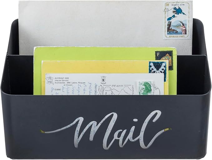 MyGift 2 Slot Modern Matte Black Metal Desktop Mail Sorter with Cutout Script Lettering, Office Desk or Home Entryway Table Incoming Outgoing Letter Holder