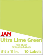 JAM PAPER Full Sheet Shipping Labels - Printable Sticker Paper - 8 1/2 x 11 - Ultra Lime Green - 10 Full Pages/Pack