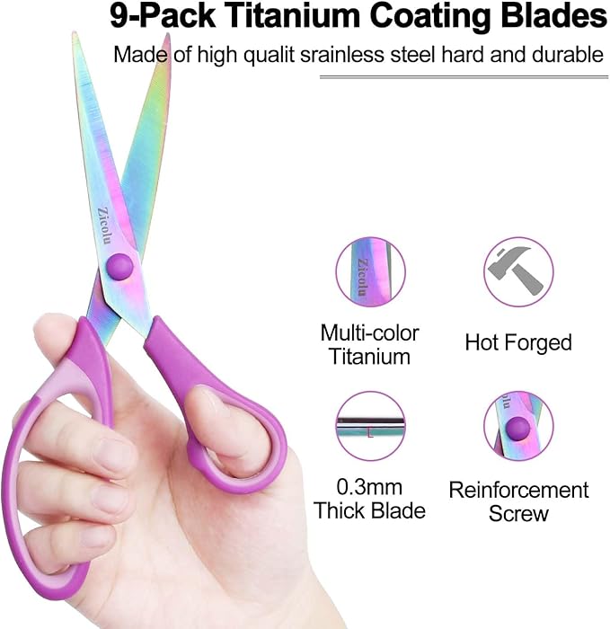 Zicolu 8.5" Scissors Bulk Set of 12-Pack, Sharp Scissors all Purpose Heavy Duty, Non-Stick and Titanium Coating Blade, Multipurpose Shears for Office Home School Sewing Fabric DIY Craft Supplies