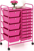DORTALA 15-Drawer Rolling Storage Cart with Drawers, Rolling Utility Cart w/Removable Drawers & Universal Wheels, Tools Scrapbook Paper Organizer for School, Office, Home, Classroom (Hot Pink)
