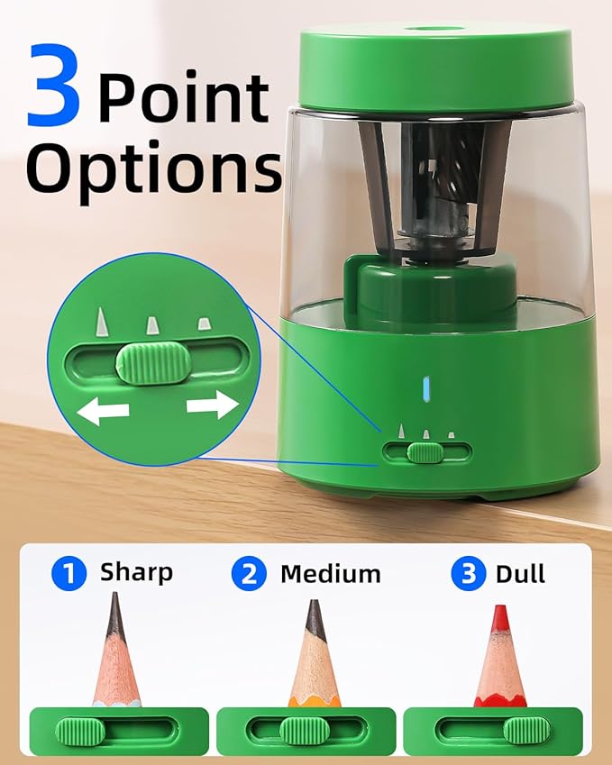 ZMOL Electric Rechargeable Pencil Sharpener, Automatic Pencil Sharpeners Kids, Battery Pencil Sharpeners for Colored Pencils, Auto Stop, Suitable for No.2(6-8mm), Classroom/Home Green
