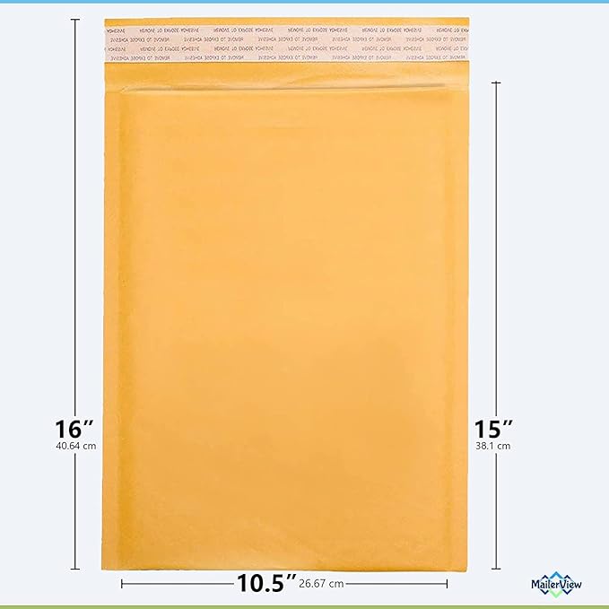 Kraft 10.5x16 Large Bubble Mailers #5 | Self Seal Padded Envelopes | Air Lined Cushioned Yellow Bubble Mailer | Usable Size 10.5x15 | 100 Pack Bulk | Lightweight shipping Bags | Made in USA
