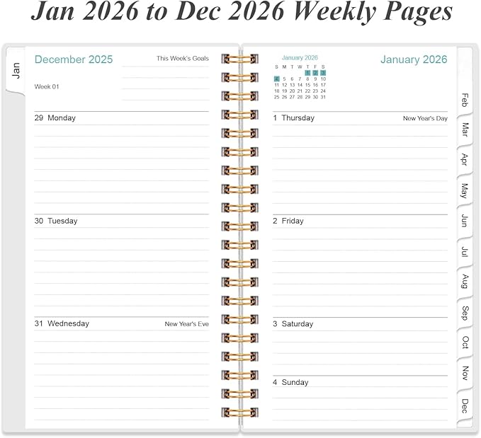 2026 Pocket Planner/Calendar - 2026 Planner from January 2026 - December 2026, Planner 2026 with 12 Tabs, Twin-Wire Binding, Inner Pocket, 3.75" x 6.75, Blue Leaf Flower