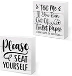 CQM 2 PCs Funny Bathroom Decor, Humorous Bathroom Decorative Sign, Rustic Farmhouse Style, White Wooden Box Sign, 5.1 x 5.1 inches, Wood Material