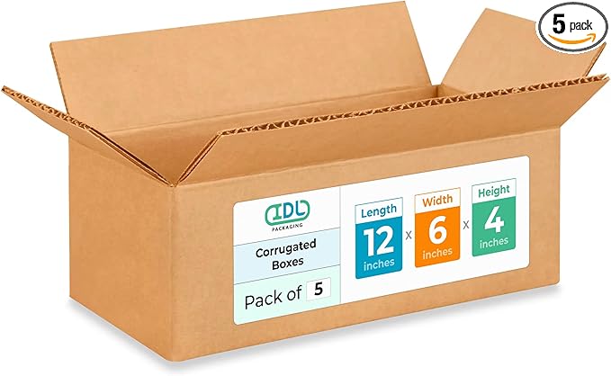 Medium Moving & Shipping Boxes 12 x 6 x 4 inches (5-Pack) - Extra Strength 200 lb vs Regular - Corrugated Boxes for Packaging, Made in USA - Shipping Box - Cardboard Shipping Box by IDL Packaging