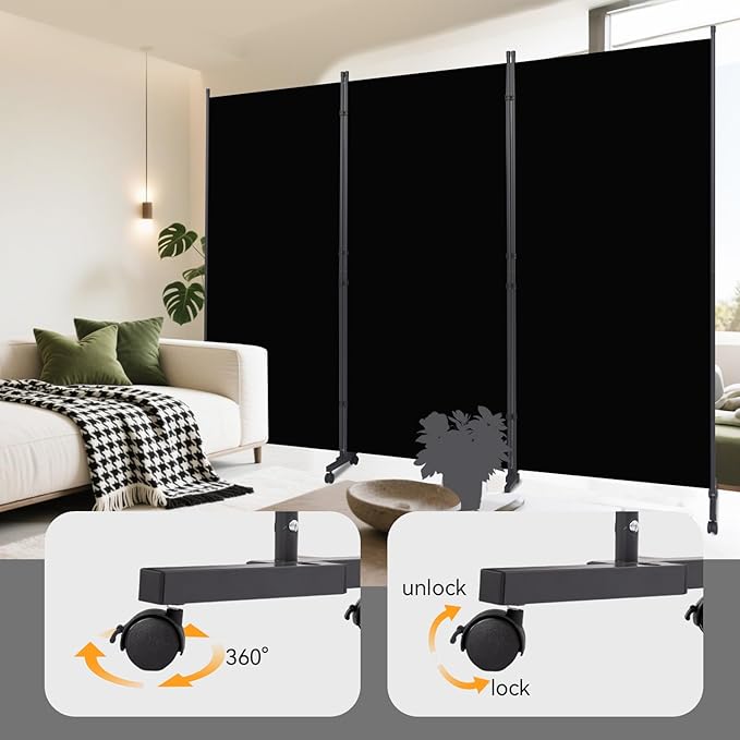 Room Divider (3 Panel) Wall Divider for Room Separation, 102 inch Wide Portable Privacy Screens W/Wheels, Metal Frame Freestanding Room Separators 5.6FT Room Partitions and Dividers