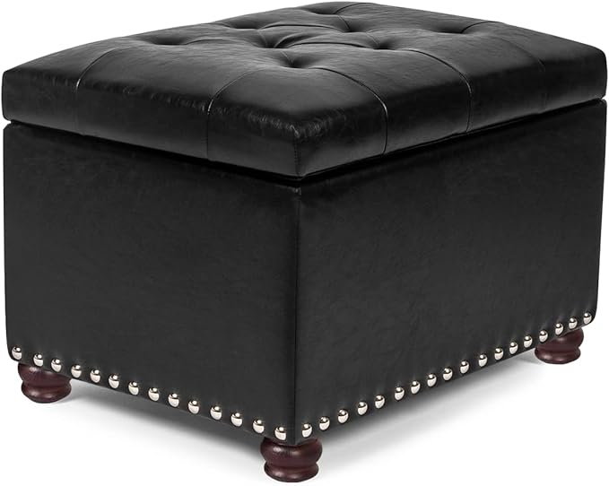 Decent Home 24'' Leather Storage Ottoman Rectangular Foot Rest Stool with Nailhead Trim Chests & Storage Room Organizer for Bedroom Living Room(Black)