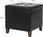 Adeco Black Faux Leather Storage Ottoman Bench with Solid Wood Legs, 18.8" Square Black PU Cube Foot Stool, Upholstered Button Tufted Vanity Chair with Hinged Lid for Living Room, Bedroom, Dorm
