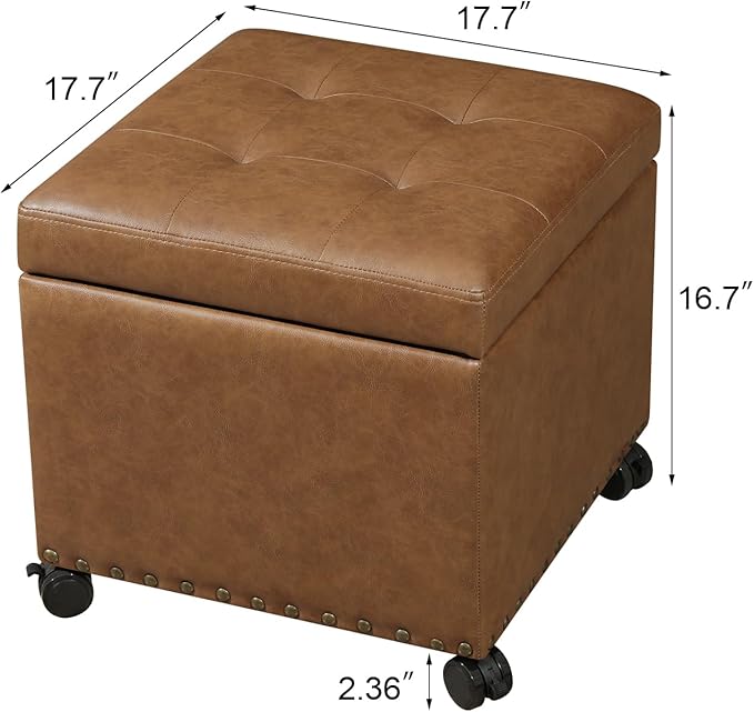 Adeco 16.7" H Vintage Golden Brown Leather Storage Ottoman with 360 Caster Wheels, Square Foot Stool with Decorative Bronze Thumb Tacks & 330 LB Load Capacity