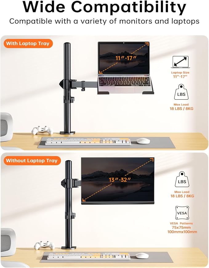 H&C(hcck&Cllassp) Laptop Desk Mount for 11"-17" Notebook, Fully Adjustable with Tilt, Swivel, Rotation, Extension, Single Laptop Arm with Vented Tray, C-clamp, Black