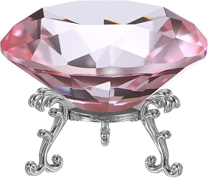 PATIKIL Diamond Crystal Paperweight, 100mm / 3.94" Crystal Paperweight Paper Weight with Silver 25 Metal Base for Home Office Desktop Table Decor Wedding Party Ornaments, Pink