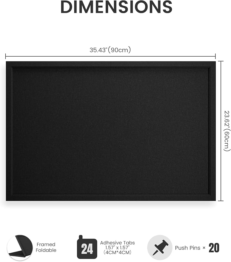 Fluxynara Foldable Cork Board Alternative, Felt Bulletin Board 36" x 24" Black Frame with 24 Adhesive Tabs, Pin Board for Home Office, Classroom, Entryway, Kitchen Wall Decor—Black