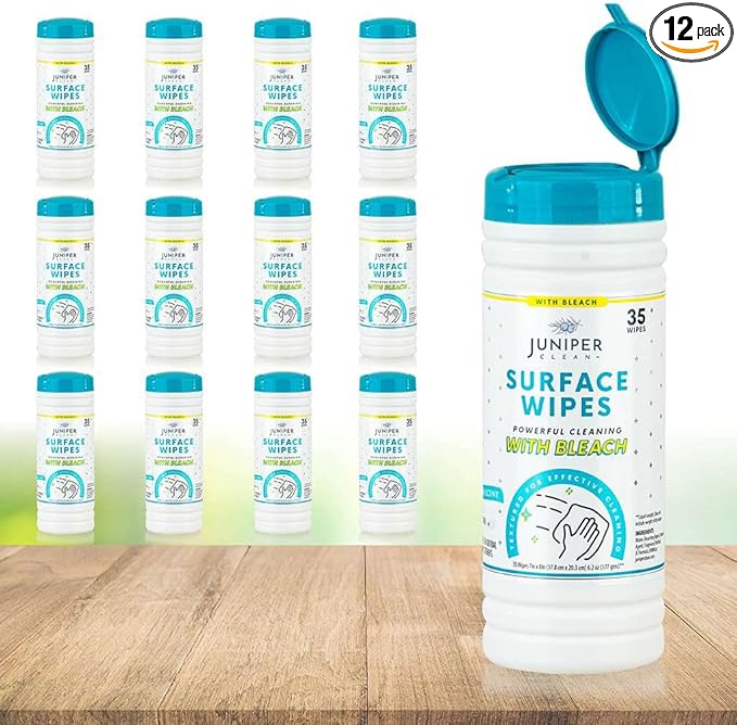 Juniper CLEAN 12 Pack Surface Cleaning Wipes with Bleach, All-Purpose Cleaner for Bathroom, Kitchen, Office, 420 Count Canister, 7.5" x 7" Sheet, Fresh Scent, Lint Free & Durable