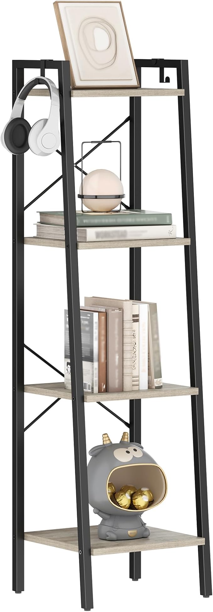 Hzuaneri Ladder Shelf, Bookshelf Bookcase, Freestanding Corner Storage Shelve with 2 Hooks for Home Office, Living Room, Kitchen, Bedroom, Industrial, 11.8" D x 13.4" W x 47.2" H, Greige BC13205B