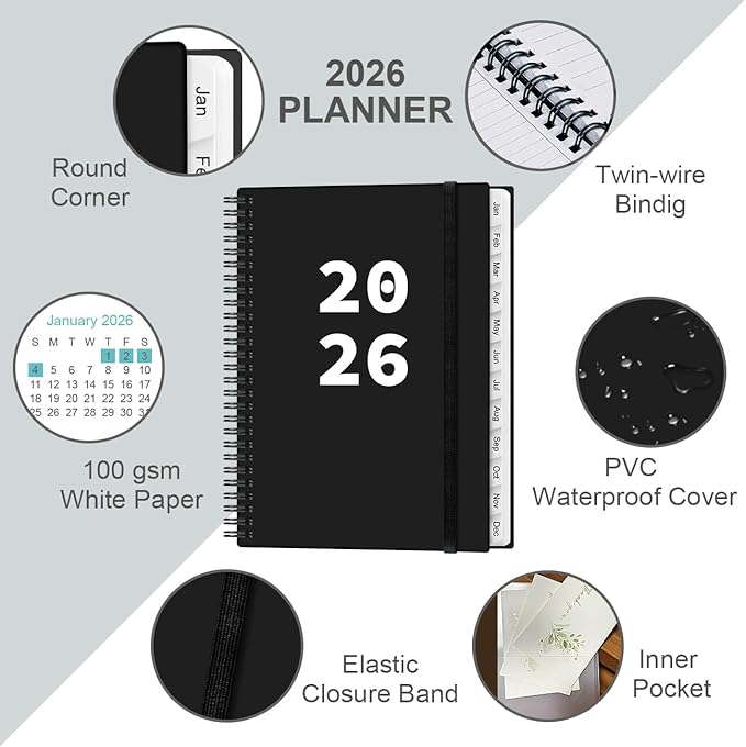 2026 Planner - Planner 2026 from January 2026 to December 2026 with 12 Monthly Tabs, Flexible Cover, Inner Pocket, 8.5" x 11", Black-A