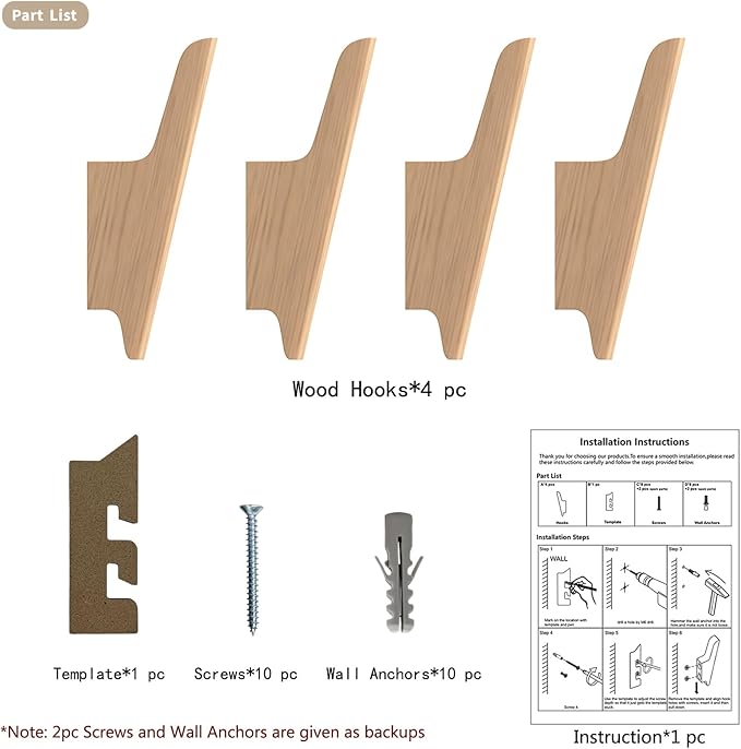 FCOWK Wood Wall Hooks 4 Pack Coat Hooks Wall Mount Natural Wooden Hooks for Hanging Hat, Bag, Backpack, Rustic Coat Hooks for Wall, Wood Towel Hooks for Bathrooms and Entryway Hooks