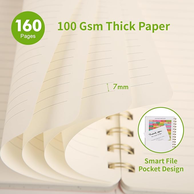 Spiral Notebook-5.75" x 8.125" College Ruled Journal with Inner Pockets and 160 Pages,PU Leather Cover Business Journal, Twin-Wire Binding Notebook Perfect for Office & Home School Supplies Light Green