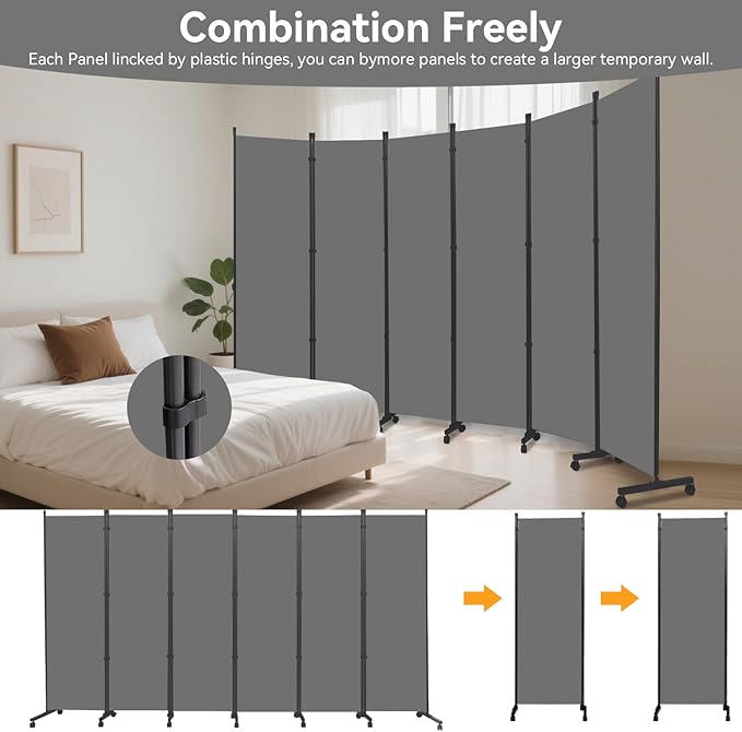 Room Divider (6 Panel) Wall Divider for Room Separation, 132 inch Wide Portable Privacy Screens W/Wheels, Metal Frame Freestanding Room Separators 5.6FT Room Partitions and Dividers