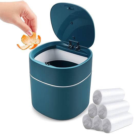 Business King Mini Desk Trash Can with Lid with Trash Bags 180 pcs Press-Top 0.5 Gallon Tiny Countertop Waste Basket Small Table Top Plastic Covered Garbage Bin for Desk Top (Blue)