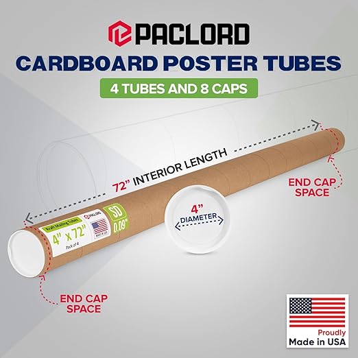 Paclord 4" x 72" Reinforced Kraft Paper Mailing Tube, Pack of 4 Tubes with 8 Caps – Secure USPS Approved Poster Tube – Cardboard Tube for Shipping and Storing Posters, Prints, Artwork, or Documents