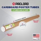 Paclord 4" x 72" Reinforced Kraft Paper Mailing Tube, Pack of 4 Tubes with 8 Caps – Secure USPS Approved Poster Tube – Cardboard Tube for Shipping and Storing Posters, Prints, Artwork, or Documents