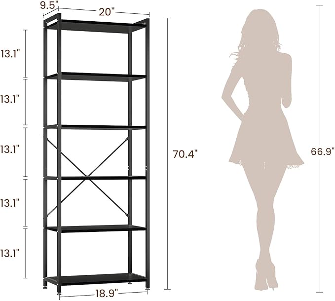 Casaottima Book Shelf, 6 Tier Tall Bookshelf, Modern Wood Bookcase Shelves for Bedroom, Industrial Display Shelf for Living Room Home Office Kitchen, Standing Shelving Unit Storage Organizer, Black