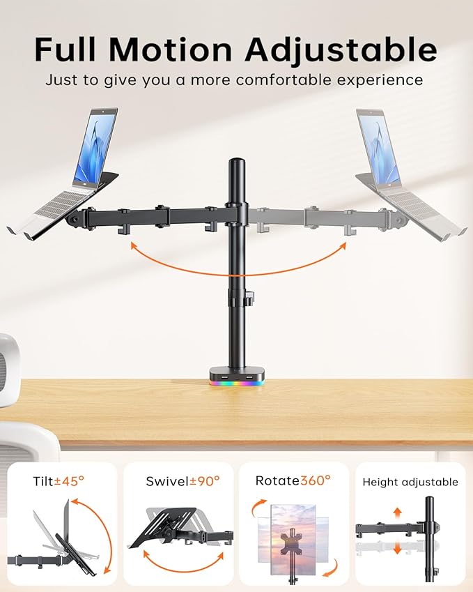 RGB Monitor and Laptop Mount Stand with 3 USB Ports, Charging and USB Data Transfer, Adjustable laptop stand for 13" to 32" Screen and 11"-17” Laptop, Holds 18lbs/Arm, 75x75/100x100 VESA, C-Clamp