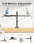 RGB Monitor and Laptop Mount Stand with 3 USB Ports, Charging and USB Data Transfer, Adjustable laptop stand for 13" to 32" Screen and 11"-17” Laptop, Holds 18lbs/Arm, 75x75/100x100 VESA, C-Clamp