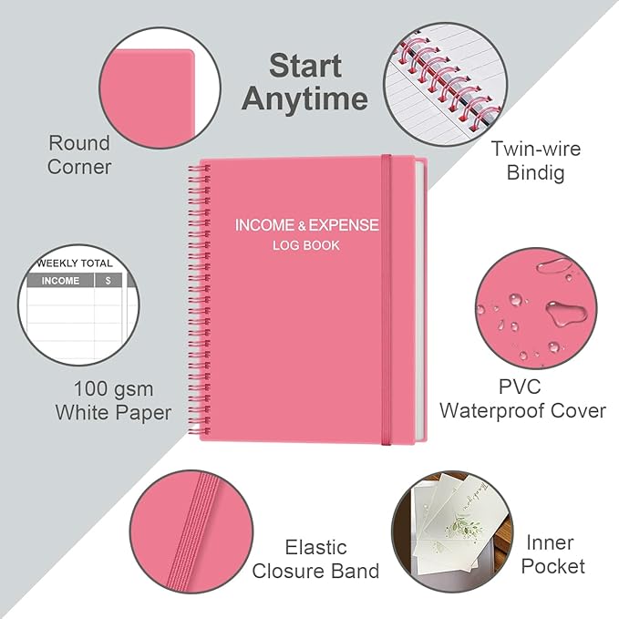 Heveboik Income & Expense Log Book - A4 Income and Expense Tracker for Small Business, Accounting Bookkeeping Tracking for Woman and Man, 8" x 10.5", Pink