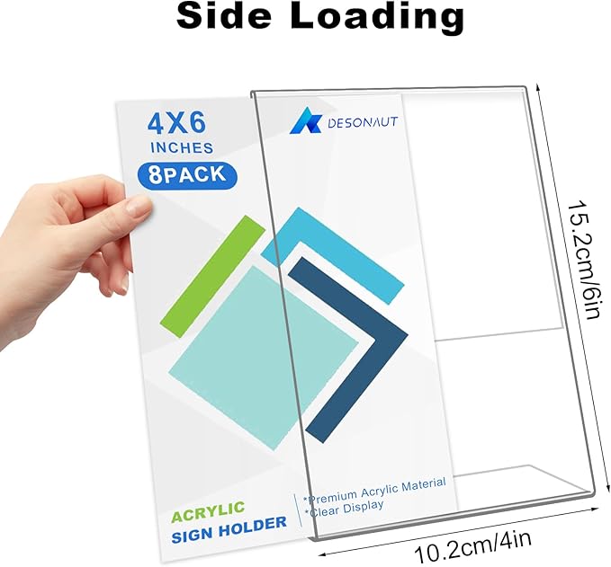 DESONAUT 8Pack Slanted Back Acrylic Sign Holder 4 x 6Inches，Clear Plastic Sign Holder Paper Photo Display，Menu Table Top Desktop Stand，Clear Picture Frame，Flyer Holder(Vertical)