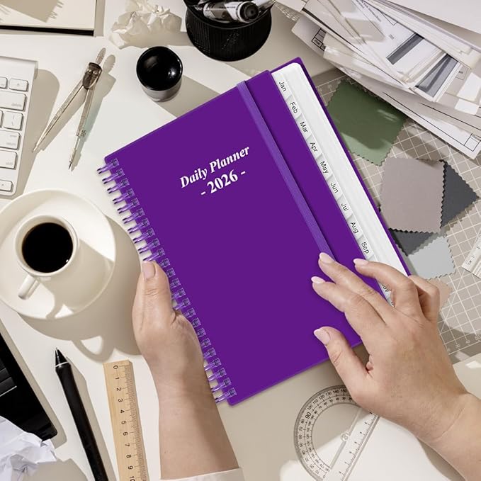 Daily Planner 2026 Full Page Per Day- 2026 Daily & Monthly Planner from January 2026 to December 2026, Day Planner 2026 with 12 Months Tabs, 6.4" x 8,5", Purple