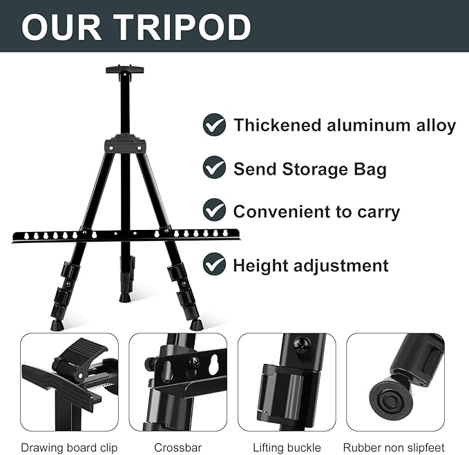 AROIC 17-66 Inch Art Easel Stand, Sturdy Aluminum Tripod for Table Top & Floor Painting - Portable Adjustable Display Easel for Canvases with 1 Storage Bag | Studio, Hobby & Professional Artist Easels