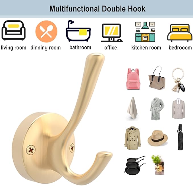 TOFIIGREM Gold Coat Hooks for Wall, 3 Pack Towel Hook Heavy Duty Metal Double Bath Robe Hook Wall Mount, Hat Hooks for Cubicle Bathroom Kitchen Closet Garage