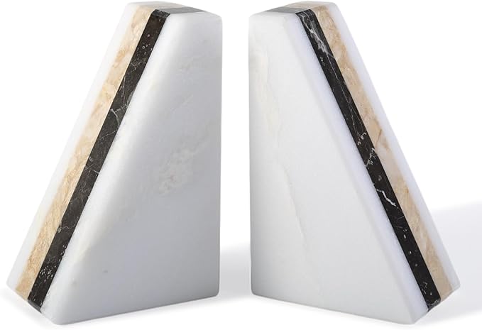 Karibiber Marble Book Ends, Non-Skid Bookends for Shelves, Composite Bookend with Natural Marble, Heavy Duty Book Stopper, Collected CDs and Oversized Books Organizer, Gold & Black Decorative Bookends