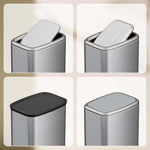 KHMMGK 8L/2.1 Gal Small Bathroom Trash Can with Lid, Swing-Top Rectangular Waste Bin, Stainless Steel Garbage Can for Home, Office, Toilet, Bedroom, Living Room (Silver)